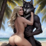 absurd_res anthro beach blonde_hair breasts butt canid canine canineluvr19 canis duo embrace female female_on_anthro hair hi_res human human_on_anthro interspecies looking_at_viewer looking_back looking_back_at_viewer male male/female mammal nipples nude seaside smile smirk suggestive wide_hips wolf