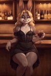 alcohol anthro bar beverage blond_hair buckteeth bugs_bunny clothed clothing crossdressing dress girly hair hi_res inside lagomorph leporid long_hair looking_at_viewer makeup male mammal rabbit rabbit_ears seductive smug solo tagrim50 teeth wide_hips wine