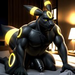 absurd_res anthro balls bed bedroom body_hair chest_hair eeveelution furniture generation_2_pokemon genitals hi_res male nipples pecs penis pokemon_(species) pup_tobey solo umbreon