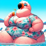 alcohol anthro avian beach belly beverage big_belly bird blackgum blue_eyes blush breasts cleavage clothed clothing cocktail eyeshadow feathers female flamingo floral makeup overweight partially_submerged pink_body pink_feathers sea seaside smile solo thick_thighs two-tone_beak water wide_hips