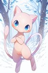 absurd_res blue_eyes blush chibi female feral forest full-length_portrait fur generation_1_pokemon genitals glistening glistening_body hi_res legendary_pokemon looking_at_viewer mammal mengxi mew nude pink_body pink_fur plant pokemon_(species) portrait prompt_metainfo pussy simple_background snow solo tree winter