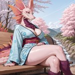 anthro asian_clothing bench black_claws blue_eyes breasts cherry_blossom chest_tuft claws cleavage clothed clothing east_asian_clothing female fin fuzzy head_fin japanese_clothing kimono leg_tuft neck_tuft outside plant river scenery sitting solo thick_thighs tuft water whigwham monster_hunter leviathan_(mh) mizutsune absurd_res hi_res