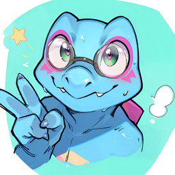 4_fingers anthro blue_background blue_body blue_scales blush bodily_fluids claws cloud double_iris eyewear facial_markings fangs fingers gesture glasses green_eyes head_markings high-angle_view looking_up male markings pink_markings purple_eyes round_glasses scales simple_background smile snout solo star sweat teeth v_sign ocito nintendo pokemon pam_(ocito) generation_2_pokemon pokemon_(species) totodile digital_media_(artwork) guide_lines headshot_portrait hi_res icon krita_(artwork) portrait