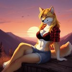 anthro attempted_signature big_breasts blonde_hair breasts canid canine canis cleavage clothed clothing domestic_dog eminence female forest hair mammal plant shelly shiba_inu sitting solo spitz sunset tree