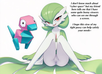 ambiguous_gender anthro anus dialogue duo female genitals looking_at_viewer open_mouth open_smile presenting presenting_pussy pussy red_eyes seductive simple_background sitting smile talking_to_viewer text white_background lightning7 nintendo pokemon gardevoir generation_1_pokemon generation_3_pokemon pokemon_(species) porygon hi_res