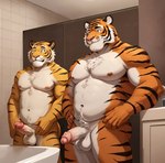 anthro aroused balls bathroom bulky chubby_male comparing duo embarrassed erection father father_and_child father_and_son genitals humanoid_genitalia humanoid_penis male male/male parent parent_and_child penis presenting presenting_penis seductive shy size_difference son stripes felid mammal pantherine tiger hi_res