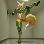 anthro armor butt clothing ears_up female fluffy fluffy_tail genitals inside looking_at_viewer looking_down pivoted_ears presenting presenting_pussy pussy raised_leg solo solo_focus standing cyrulegos halo_(series) spartan_(halo) digimon_(species) renamon