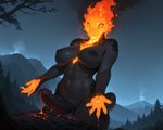 abs anthro balls bodily_fluids breasts empty_eyes fire flaming_hair genital_fluids genitals gynomorph intersex leaking_precum outstretched_arms penis precum pseudo_hair smile solo standing upper_body latentspaceman hi_res