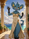 anthro blush clothed clothing cloudy dress female genitals gesture looking_at_viewer no_underwear open_mouth open_smile pussy sea smile solo standing water waving waving_at_viewer denis0k generation_4_pokemon pokemon_(species) shinx hi_res