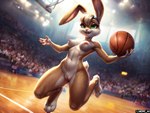 anthro basketball blonde_hair bodily_fluids female fur genitals green_eyes hair hi_res jumping lagomorph leporid lola_bunny mammal mercrantos nipples nude pussy rabbit solo space_jam sweat yellow_body yellow_fur