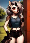 anthro black_nose bottomwear clothing cosplay cutoffs daisy_dukes denim denim_clothing female fingerless_gloves forest forest_background fur gloves grey_hair hair handwear holster hotpants multicolored_body multicolored_fur nature nature_background parody plant red_eyes red_sclera shorts solo tanktop tree wall_(structure) technical_monkey loona_(helluva_boss) revy_(black_lagoon) canid canid_demon canine canis demon hellhound mammal wolf