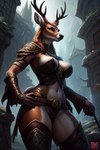 accessory anthro antlers armor breasts brown_hair capreoline cervid cleavage clothed clothing countershade_face countershade_fur countershade_torso countershading drakkenfyre female fur hair horn mammal outside skimpy solo solo_focus unconvincing_armor white-tailed_deer