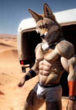 abs anthro armwear bara biceps bottomwear bulge clothing desert gym_bottomwear gym_clothing gym_shorts male muscular muscular_male nipples pecs photorealism realistic_fur sand_dune shorts solo solo_focus vehicle veiny_biceps veiny_muscles kludgecopter_(director) canid canine canis coyote mammal animated hi_res webm