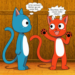 2_horns 3_toes anthro belly black_eyes black_pawpads blue_belly blue_body blue_cheeks blue_fur dialogue duo fangs feet fur horn long_tail looking_at_another male open_mouth open_smile outside pawpads pink_cheek red_body red_fur smile snout speech_bubble standing tail teeth text toes wall_(structure) whiskers wood_wall yiff_ai_(director) fairy_tail fan_character happy_(fairy_tail) happy_the_red domestic_cat exceed felid feline felis mammal absurd_res english_text hi_res