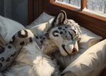 anthro bed countershade_torso countershading degenstoic detailed detailed_background detailed_fur felid fluffy fur furniture grey_body grey_fur head_on_pillow hi_res inside male mammal nude on_bed pantherine pillow sleeping snow snow_leopard solo spots spotted_body spotted_fur whiskers window