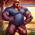 anthro big_pecs bodily_fluids clothed clothing erection farm farmer fur genital_fluids genitals hat headgear headwear hi_res leaking_precum male mammal musclegut muscular muscular_anthro muscular_male nons overweight overweight_anthro overweight_male partially_clothed pecs penis precum solo ursid vein veiny_penis