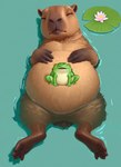 ambiguous_gender belly big_belly brown_body duo eyes_closed feral green_body hands_on_belly lily_pad noobai_(model) open_mouth partially_submerged plant shadow sleeping submerged_legs water yellow_eyes fermentingbrew amphibian capybara caviid frog mammal rodent hi_res
