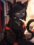 anthro bedroom black_clothing black_hair black_nose blush clothing detailed_background female frown green_eyes hair inside jacket jewelry light necklace solo topwear whiskers sappy_(director) felid feline mammal hi_res