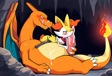 after_orgasm ascot beckoning blush bodily_fluids cave cavern cum cum_on_body cum_on_face duo erection female feral genital_fluids gesture licking licking_lips lying_on_back male male/female nervous saliva size_difference standing sweat tongue tongue_out stressedout nintendo pokemon braixen charizard generation_1_pokemon generation_6_pokemon pokemon_(species)