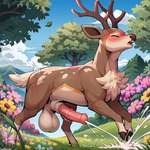 animal_genitalia animal_penis antlers balls blush bodily_fluids cum cumshot ejaculation equine_penis eyes_closed feral flower genital_fluids genitals horn male penis plant solo tree matt3985_(director) phazon cervid generation_5_pokemon mammal pokemon_(species) sawsbuck hi_res