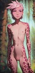 anthro athletic athletic_female female flat_chested forest forest_background front_view genitals hair nature nature_background nude pink_body pink_hair plant pupils purple_eyes pussy short_hair slit_pupils solo spots standing tree smikey kipo animal_humanoid felid humanoid jaguar leopard mammal mammal_humanoid pantherine hi_res