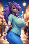 anthro big_breasts black_body blue_bottomwear blue_clothing blue_jeans blue_pants blue_penis bottomwear breasts clothing curvy_figure denim denim_clothing female genitals green_clothing green_shirt green_topwear hair jeans looking_at_viewer outside pants penis prosthetic prosthetic_arm prosthetic_limb public purple_hair shirt smile solo solo_focus street topwear voluptuous yellow_eyes theguywhoishere nintendo pokemon generation_5_pokemon pokemon_(species) shiny_pokemon zoroark hi_res