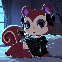 >: annoyed anthro bed big_tail black_clothing black_dress blue_eyes bottomless brown_body cellphone chibi clothed clothing darkness dress eyeshadow female frilly frilly_clothing furniture genitals glare goth gothic gothic_lolita innie_pussy leaning leaning_back lolita_(fashion) lying makeup on_bed pale_skin phone purple_eyeshadow pussy ribbon ribbons sigh solo mirakelpung animal_crossing nintendo pecan_(animal_crossing) mammal rodent sciurid tree_squirrel