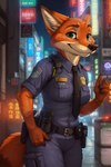 anthro belt city city_background clothing crossgender female looking_at_viewer mtf_crossgender necktie neon_lights police_uniform smile solo uniform zootopia cynfall nick_wilde canid canine fox mammal