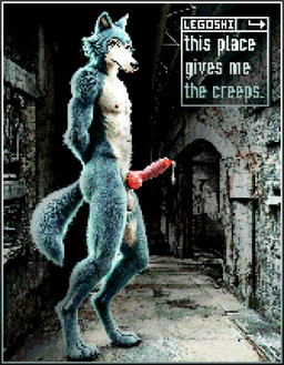 animal_genitalia animal_penis anthro arch balls barefoot black_eyes blue_body blue_fur bodily_fluids border brutalist_architecture butt canine_genitalia canine_penis dripping erection feet fur genital_fluids genitals handcuffed hands_behind_back horror_(theme) inside knot light male mouth_closed navel nipples nude penis precum precum_drip restrained_arms rim_light scar solo standing tall tan_body tan_fur text text_box underground user_interface 7oxytron beastars halloween_2025 legoshi_(beastars) canid canine canis mammal wolf digital_media_(artwork) english_text hi_res lighting pixel_(artwork)