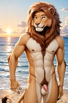 anatomically_correct anatomically_correct_genitalia anatomically_correct_penis animal_genitalia animal_penis anthro arm_hair balls beach black_claws body_hair brown_hair brown_nipples chest_hair chest_tuft claws cloud day feline_penis flaccid fur genitals hair hand_on_leg hand_on_thigh inner_ear_fluff looking_at_viewer male mane muscular muscular_anthro muscular_male nipples nude nude_male penis pink_nose pubes sand seaside sky solo standing sun sunset tail_tuft tan_body tan_fur tapering_penis tuft wave whisker_spots whiskers white_body white_fur yellow_eyes yiffybee felid lion mammal pantherine absurd_res hi_res