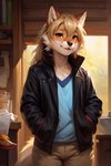 amber_eyes anthro black_clothing black_jacket black_topwear blonde_hair blue_clothing blue_shirt blue_topwear clothing female fur hair hand_in_pocket jacket lupine pockets shirt smile solo tan_body tan_fur topwear mindry siera_(mindry) canid canine canis mammal wolf