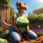 anthro apron bangs big_breasts blue_bottomwear blue_clothing blue_jeans blue_pants boots bottomwear breasts brown_body brown_hair brown_scales carrot chubby_female clothing dakka denim denim_clothing dirt dragon female fence flower food footwear garden gloves green_apron green_eyes hair hair_bun handwear hi_res horn huge_breasts jeans lettuce light non-mammal_breasts outside pants plant scales scalie solo spiked_tail spikes spikes_(anatomy) sunlight thick_thighs vegetable western_dragon