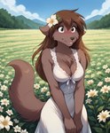 accessory anthro blush breasts brown_body brown_eyes brown_fur brown_hair chest_tuft cleavage clothed clothing cloud detailed_background dress embarrassed female floral flower flower_in_hair fur grey_eyes hair hair_accessory long_hair outside plant sky solo tail_motion tailwag tuft white_clothing white_dress anontk twokinds natani canid canine canis keidran mammal wolf hi_res shaded