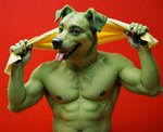 anthro fur green_body green_fur looking_at_viewer male mascot muscular muscular_anthro muscular_male red_background simple_background solo tongue tongue_out towel towel_around_neck locksnap bird_dog canid canine canis domestic_dog hunting_dog labrador mammal retriever