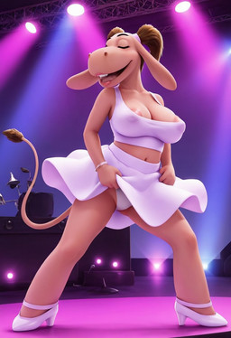 anthro areola areola_slip big_breasts bottomwear breasts cleavage clothed clothing crop_top dancewear dancing female footwear hair high_heels inside long_hair navel nipple_slip nipples open_mouth ponytail presenting shirt skirt smile solo spread_legs spreading stage stage_lights tail tan_body tongue topwear tutu boxen549 holly_dolly_(character) asinus donkey equid equine mammal hi_res