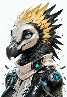 anthro cybernetic_eye cybernetics cyberpunk feathers female looking_at_viewer machine scarf solo chase_summerfield mascot_2025 accipitrid accipitriform avian bearded_vulture bird old_world_vulture vulture absurd_res bust_portrait hi_res portrait