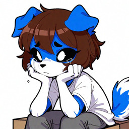 anthro bodily_fluids bottomwear box cardboard cardboard_box clothing container frosting.ai hand_on_face male pants shirt simple_background sitting t-shirt tears topwear renz rennii_(renz) border_collie canid canine canis collie domestic_dog herding_dog mammal pastoral_dog sheepdog