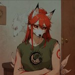black_nose black_sclera breasts clothed clothing crossed_arms door ear_markings facial_markings female fur hair head_markings inner_ear_fluff inside long_hair looking_at_viewer markings multicolored_ears narrowed_eyes open_mouth red_hair red_markings shirt smile solo teeth topwear tuft white_body white_fur yellow_eyes unknown_director okami_(capcom) amaterasu_(okami) canid canine canis mammal wolf portrait