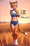 4_toes anatomically_correct anthro athletic athletic_anthro athletic_female belly belly_button black_ears blush bottomwear brimbelle_(pelalion) clothed clothing crop_top cute_expression cute_eyes cute_pose denim denim_clothing evening eyebrows eyelashes farmer feet felid female field field_background fluffy fluffy_tail front_view fur hi_res inner_ear_fluff invalid_tag jeans mammal markings multicolored_body multicolored_fur navel orange_body orange_fur orange_sky outdoor outdoor_nudity outdoors outside pantherine pants paws pelalion pink_eyes pink_nose shirt shy slim smile smiling_at_viewer smirk smirking_at_viewer solo standing striped_body striped_fur striped_markings striped_tail stripes submissive submissive_female submissive_pose submissive_position sunset tail_markings tail_tuft tiger toes topwear tuft two_tone_body two_tone_fur wheat_field white_belly white_body white_fur