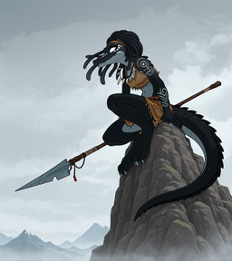 anthro barefoot cliff digitigrade dreadlocks feet female fog foggy forest glowing glowing_tattoo holding_object holding_weapon jewelry markings melee_weapon moon mountains necklace night outside overcast plant polearm relaxing rock scared sitting sky solo spear tattoo tree tribal tribal_clothing tribal_jewelry tribal_markings tribal_necklace tribal_tattoo weapon wind loren_iipsum hi_res