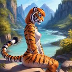 anthro areola black_stripes blue_eyes breasts felid female forest fur hair mammal mercrantos nature nipples nude orange_body orange_fur orange_hair outside pantherine plant river seductive solo stripes tiger tree