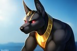 anthro anubian_jackal anubis attempted_signature bare_shoulders black_body black_fur canid canine canis deity egyptian_mythology fur glowing glowing_eyes jackal jewelry male mammal mostly_nude muscular muscular_male neckwear red_eyes sergalbutt simple_background solo