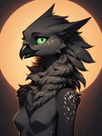 anthro avian beak black_body black_pupils breasts bust_portrait featureless_breasts female fluffy fur green_tongue happy hi_res hybrid looking_at_viewer neck_tuft oldhroft portrait pupils shadow_(oldhroft) small_breasts smile solo spots spotted_body spotted_fur tongue tuft white_spots