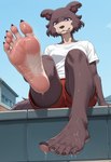 anthro bodily_fluids feet female foot_fetish foot_focus low-angle_view solo sportswear sweat sweaty_feet takeshi beastars juno_(beastars) canid canine canis mammal wolf hi_res