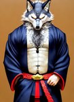 abs anthro canid canine canis clothed clothing fur grey_body grey_fur japan male mammal musclegut muscular muscular_anthro muscular_male solo tesseract_(director) wolf