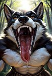 anthro backlighting black_body black_fur forest forest_background fur light male mouth_shot nature nature_background open_mouth oral_vore orange_eyes plant solo tongue tongue_out tree vore white_body white_fur l649000 canid canine canis mammal wolf hi_res lighting