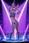 anthro armpit_showing choker clothing confetti crowd dancing disney female fishnet_clothing g-string grey_body group jewelry looking_at_viewer melee_weapon necklace nightclub nipples panties pole pole_dancing polearm purple_eyes scut_tail short_tail smile solo spotlight standing striptease translucent underwear weapon michelaingelo zootopia judy_hopps lagomorph leporid mammal rabbit hi_res