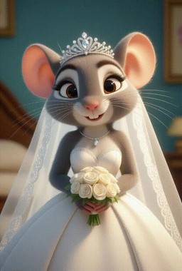 anthro bedroom clothing dress duo female flower fur grey_body grey_fur hand_on_head happy male male/female plant smile wedding_dress chacha555 mammal mouse murid murine rodent animated