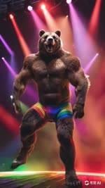 anthro bulge clothing dancing happy inside low-angle_view male multicolored_clothing neon_lights rainbow_clothing solo stage joachim58 brown_bear mammal ursid ursine animated hi_res webm