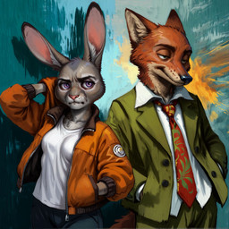 abstract_background bottomwear breasts clothed clothing crossover disney duo female frown fully_clothed fur green_eyes grey_body grey_fur hand_behind_head hand_in_pocket hands_in_both_pockets inner_ear_fluff jacket long_ears male necktie open_clothing open_jacket open_topwear orange_body orange_fur pants pink_nose pockets purple_eyes shirt suit topwear tuft unknown_director disco_elysium zootopia judy_hopps nick_wilde canid canine fox lagomorph leporid mammal rabbit red_fox 1:1 hi_res